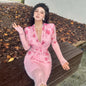Can stand upright Kong-lylofficial Exquisite Peach Blossom Mesh Sparkling Diamond Bodycon Dress Elegant High-end Feel Brightening