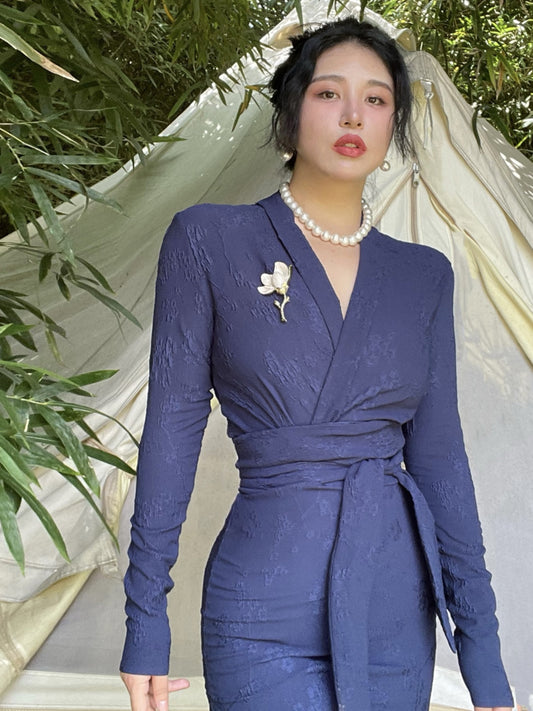 Keli Kong-lylofficial Designer Brand Blue Relief Embroider Slim Dress High-End Temperament Female
