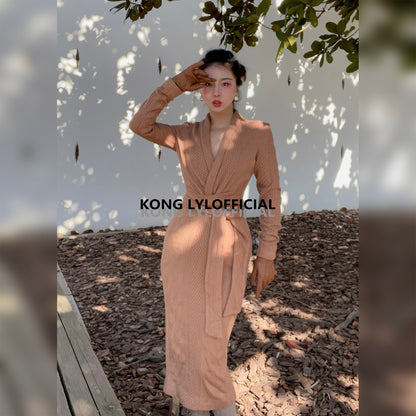 Keli Kong-lylofficial Designer Brand Sinomax Cable Stitch Wool Slim Dress Elegant Old Money Style
