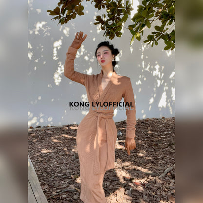 Keli Kong-lylofficial Designer Brand Sinomax Cable Stitch Wool Slim Dress Elegant Old Money Style