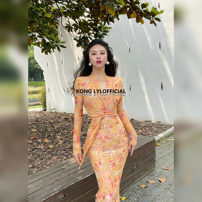 Keli Kong-lylofficial Designer Brand Amber Ginkgo Mesh Slim Dress Elegant Slim Looking Female