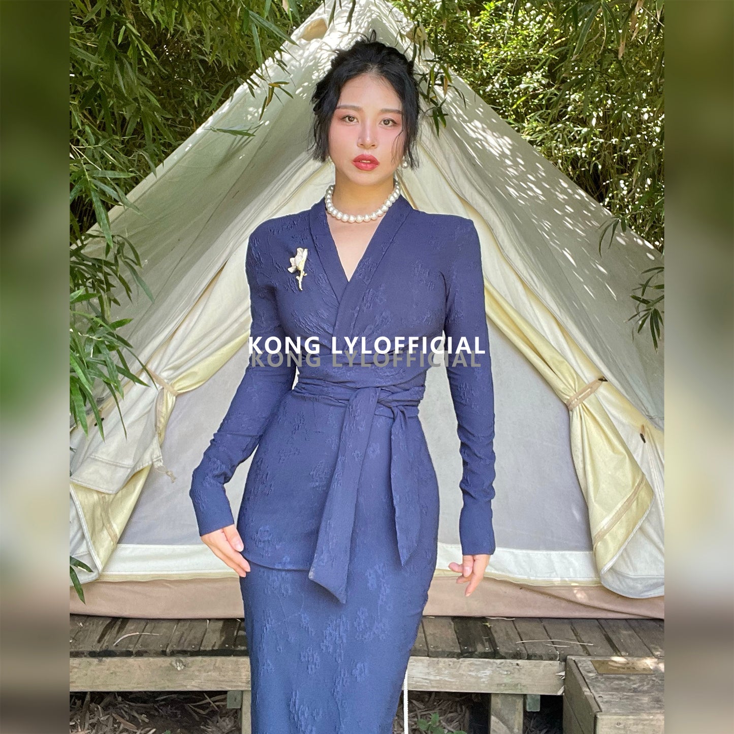 Keli Kong-lylofficial Designer Brand Blue Relief Embroider Slim Dress High-End Temperament Female