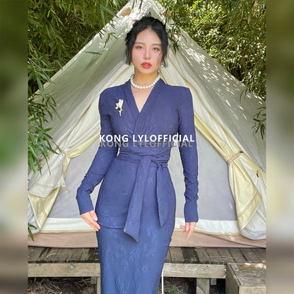 Keli Kong-lylofficial Designer Brand Blue Relief Embroider Slim Dress High-End Temperament Female
