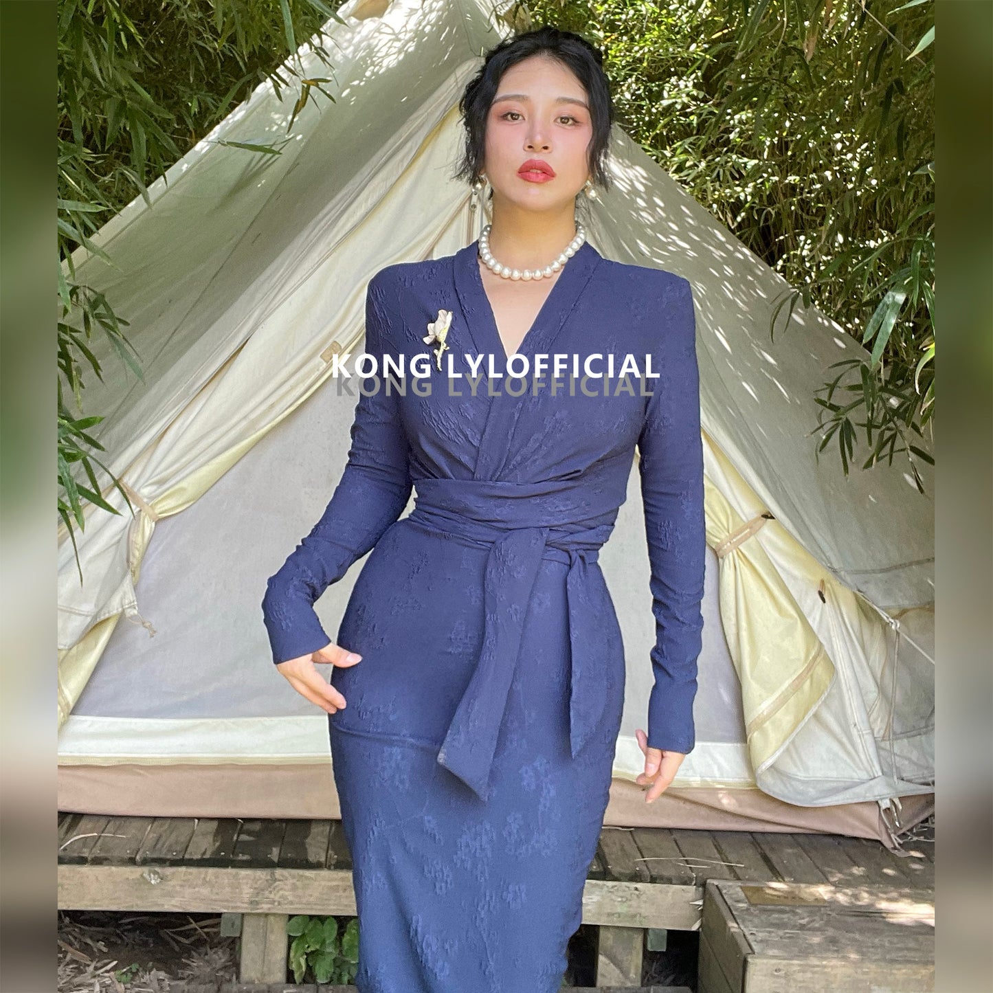 Keli Kong-lylofficial Designer Brand Blue Relief Embroider Slim Dress High-End Temperament Female