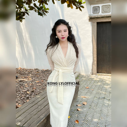 Keli Kong-Lylofficial White Jade Velvet Mesh Slim Dress Pure Age Reducing Fancy