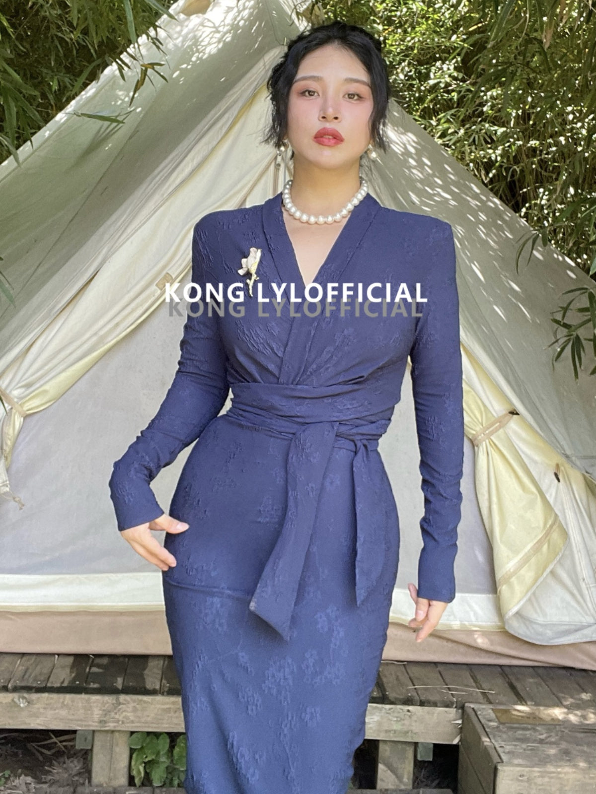 Keli Kong-lylofficial Designer Brand Blue Relief Embroider Slim Dress High-End Temperament Female