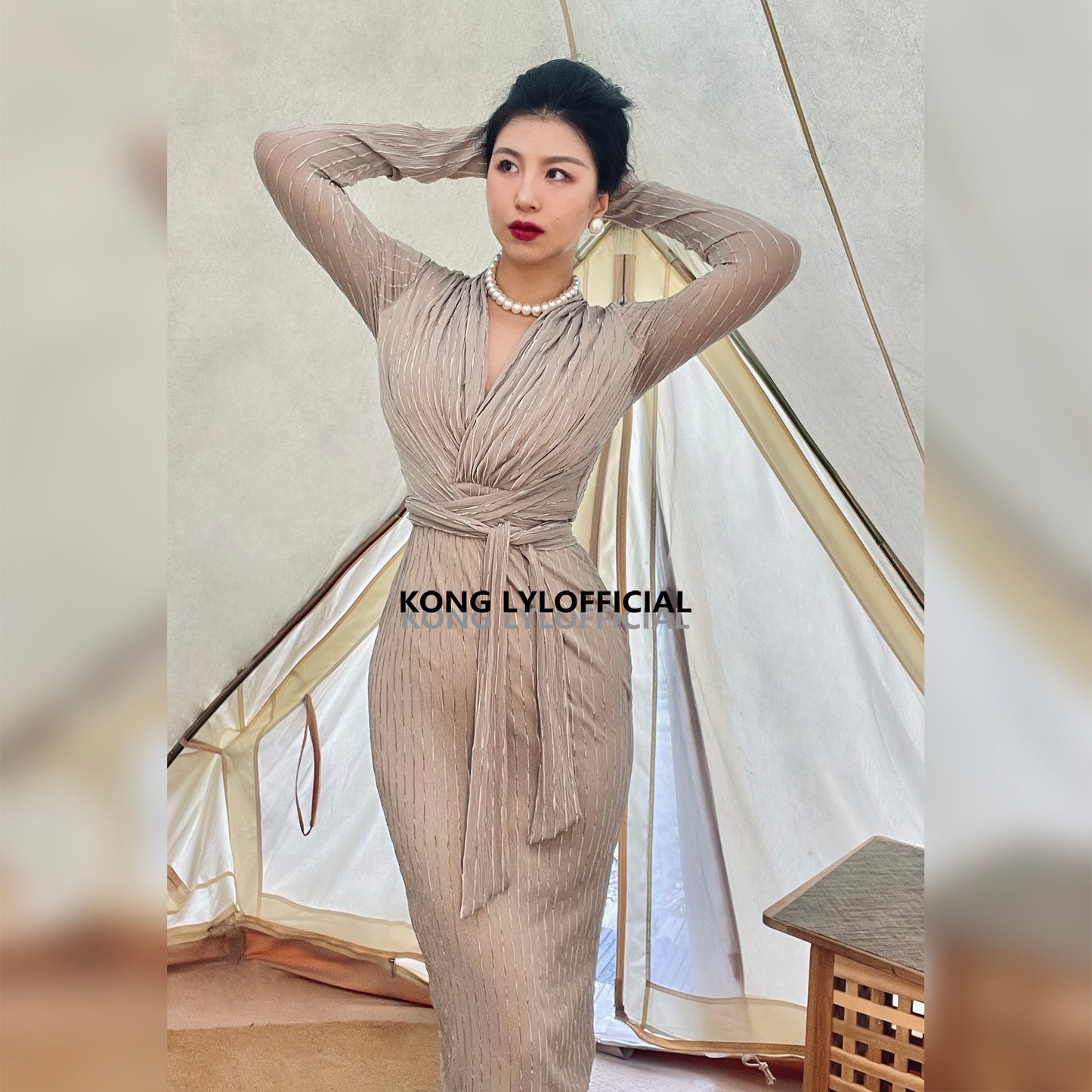 Koli Kong-Lylofficial Designer Brand Cream Gray Gold Wrap Dress High end Sexy Feminine