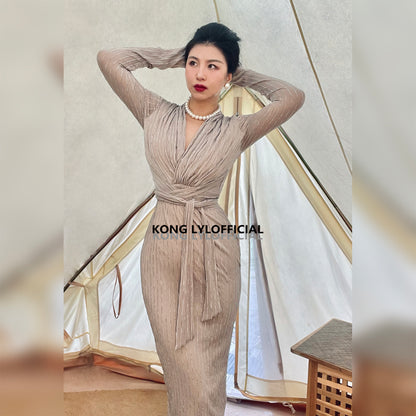 Koli Kong-Lylofficial Designer Brand Cream Gray Gold Wrap Dress High end Sexy Feminine