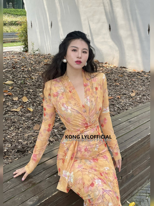 Keli Kong-lylofficial Designer Brand Amber Ginkgo Mesh Slim Dress Elegant Slim Looking Female