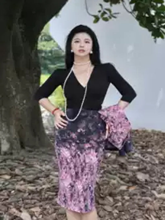 Can stand upright Kong-lylofficial Designer Brand Positioning Floral Bodycon Elastic Skirt Commuting High-end