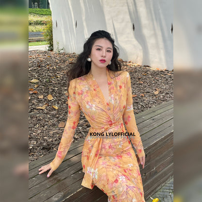 Keli Kong-lylofficial Designer Brand Amber Ginkgo Mesh Slim Dress Elegant Slim Looking Female