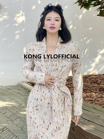 Keli Kong-lylofficial Designer Brand High-End Temperament Canary Golden Wool Slim Dress