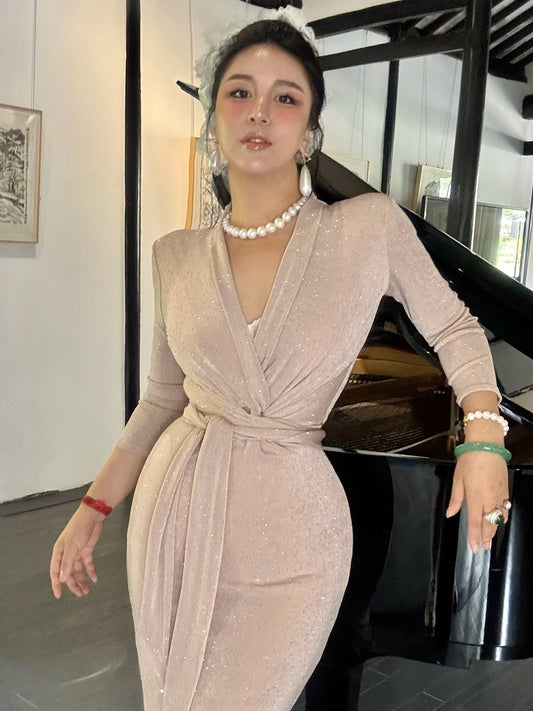 Can stand upright Kong-lylofficial Coral Pink Rhinestone Wrapped Dress Elegant High-End Sexy Slimming Women