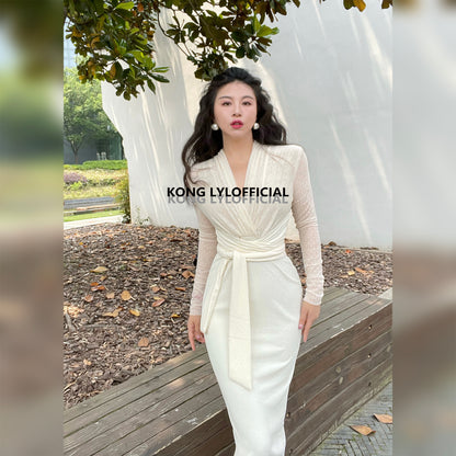 Keli Kong-Lylofficial White Jade Velvet Mesh Slim Dress Pure Age Reducing Fancy