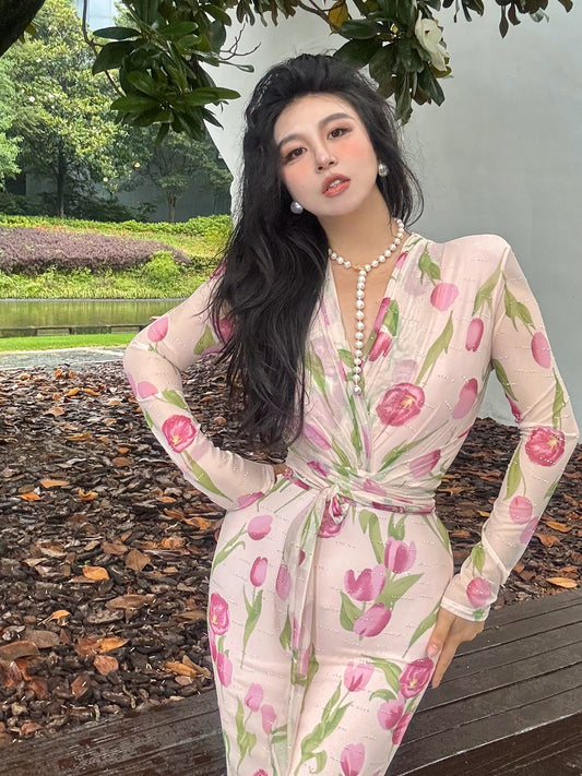 Can stand upright Kong-lylofficial Evening Breeze Tulip Mesh Sparkling Diamond Bodycon Dress Sweet Elegant High-end Feel