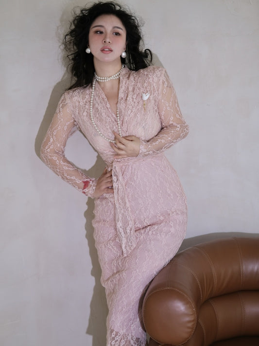 Keli Kong-lylofficial Milk Jade Pink Coral Lace Slim Dress Elegant Fancy Female Flavor
