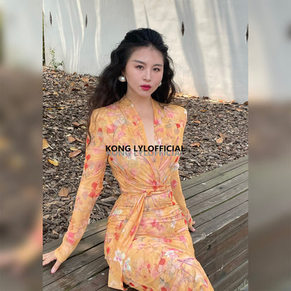 Keli Kong-lylofficial Designer Brand Amber Ginkgo Mesh Slim Dress Elegant Slim Looking Female