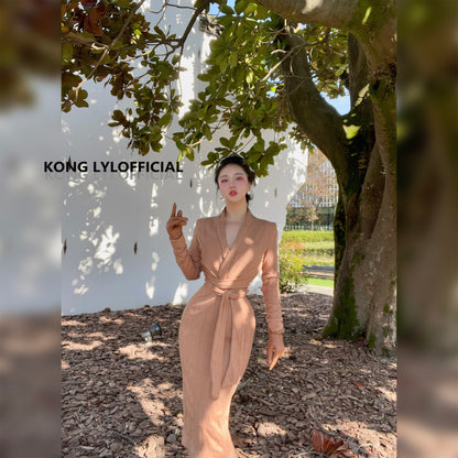 Keli Kong-lylofficial Designer Brand Sinomax Cable Stitch Wool Slim Dress Elegant Old Money Style
