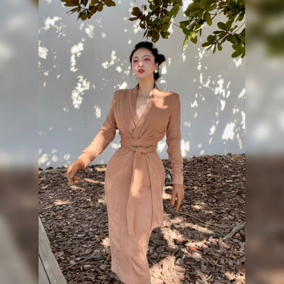 Keli Kong-lylofficial Designer Brand Sinomax Cable Stitch Wool Slim Dress Elegant Old Money Style