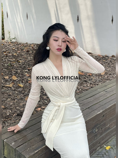 Keli Kong-Lylofficial White Jade Velvet Mesh Slim Dress Pure Age Reducing Fancy