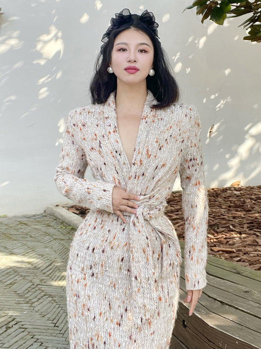 Keli Kong-lylofficial Designer Brand High-End Temperament Canary Golden Wool Slim Dress