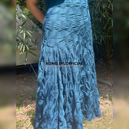 Can stand upright Kong-lylofficial Designer Brand Peacock Blue Three-Dimensional Embroidered Dress Sexy Waist-Cinching