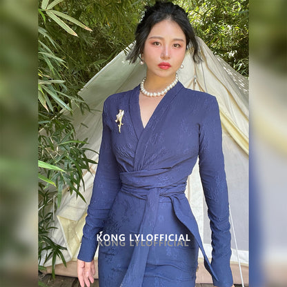 Keli Kong-lylofficial Designer Brand Blue Relief Embroider Slim Dress High-End Temperament Female