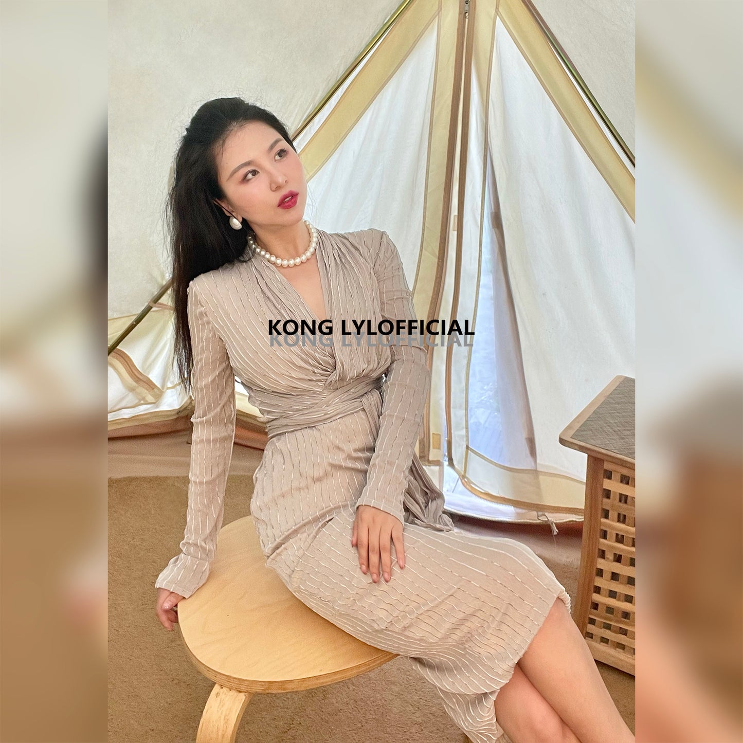 Koli Kong-Lylofficial Designer Brand Cream Gray Gold Wrap Dress High end Sexy Feminine
